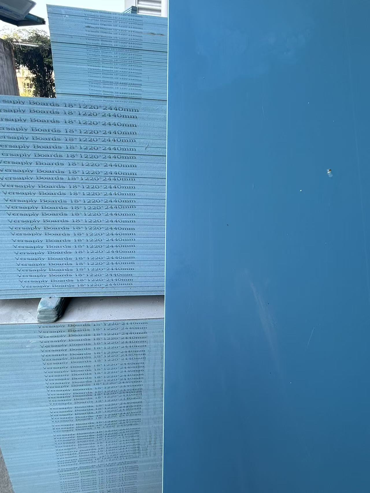 Versaply PVC formwork panels 18x1220x2440mm labeled and ready for dispatch