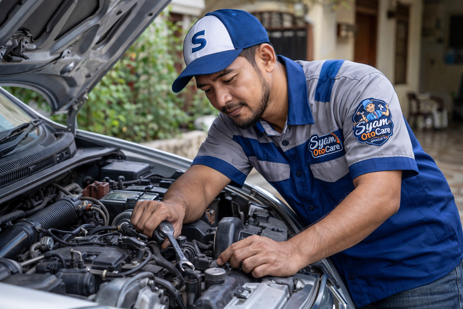 Montir Syam OtoCare sedang memperbaiki mesin mobil