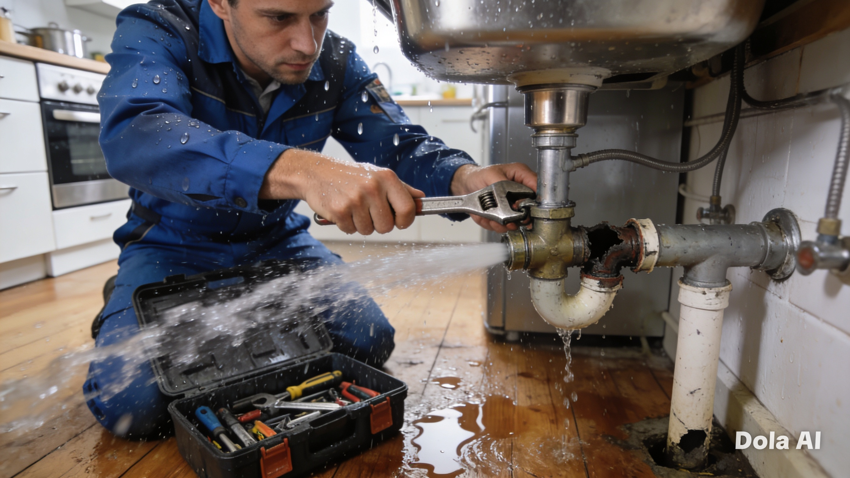 Gasfitero reparando cañerías en cocina