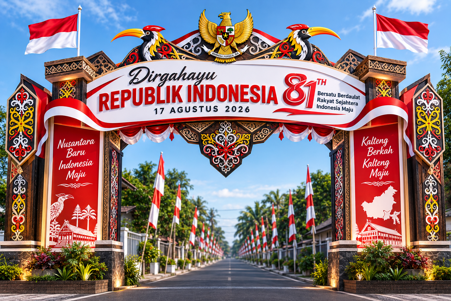 Desain gapura HUT RI 81 lengkap dengan tema Kalteng Berkah dan ragam hias nusantara