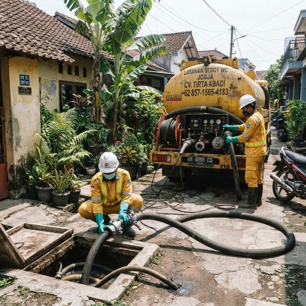 Petugas berseragam kuning memasang selang dari truk tangki ke lubang污水井 di area perumahan