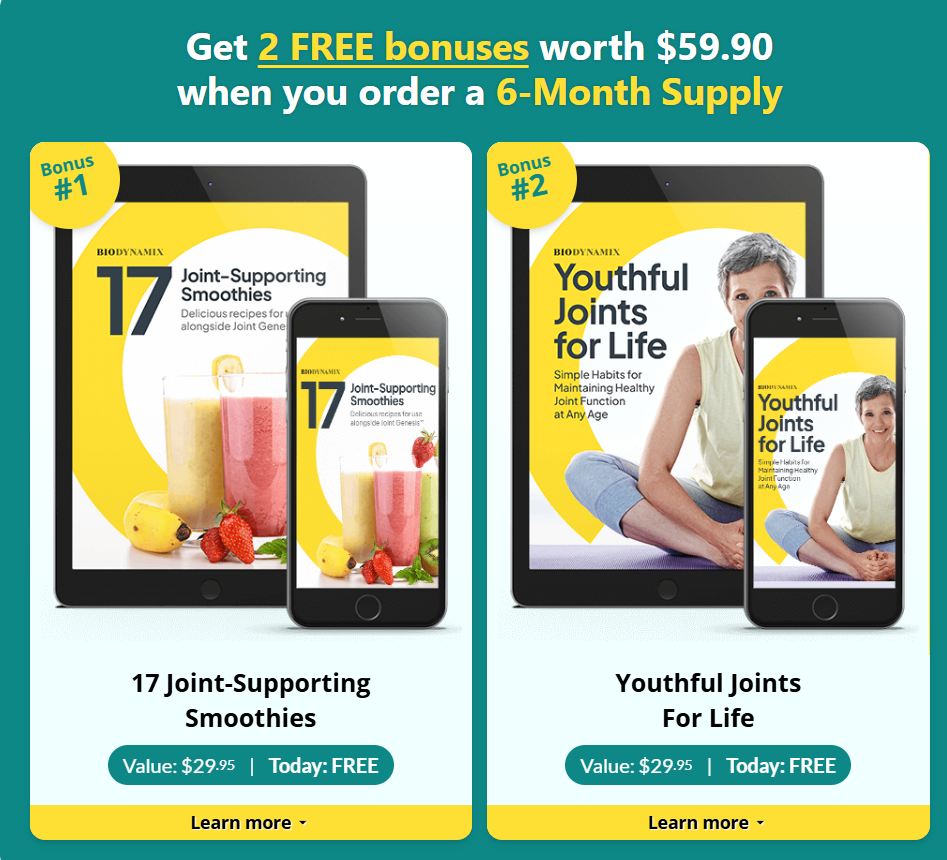 Promotional image showing the two free bonus guides included with the 6-bottle Joint Genesis order: 17 Joint-Supporting Smoothies and Youthful Joints for Life