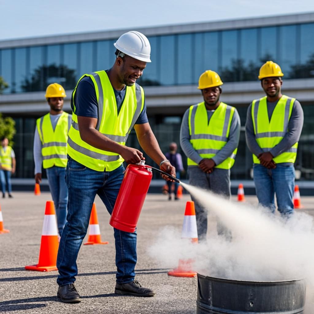Outdoor fire safety drill: a worker in helmet and reflective vest discharges a red fire extinguisher into a metal bucket while three colleagues observe from behind traffic cones