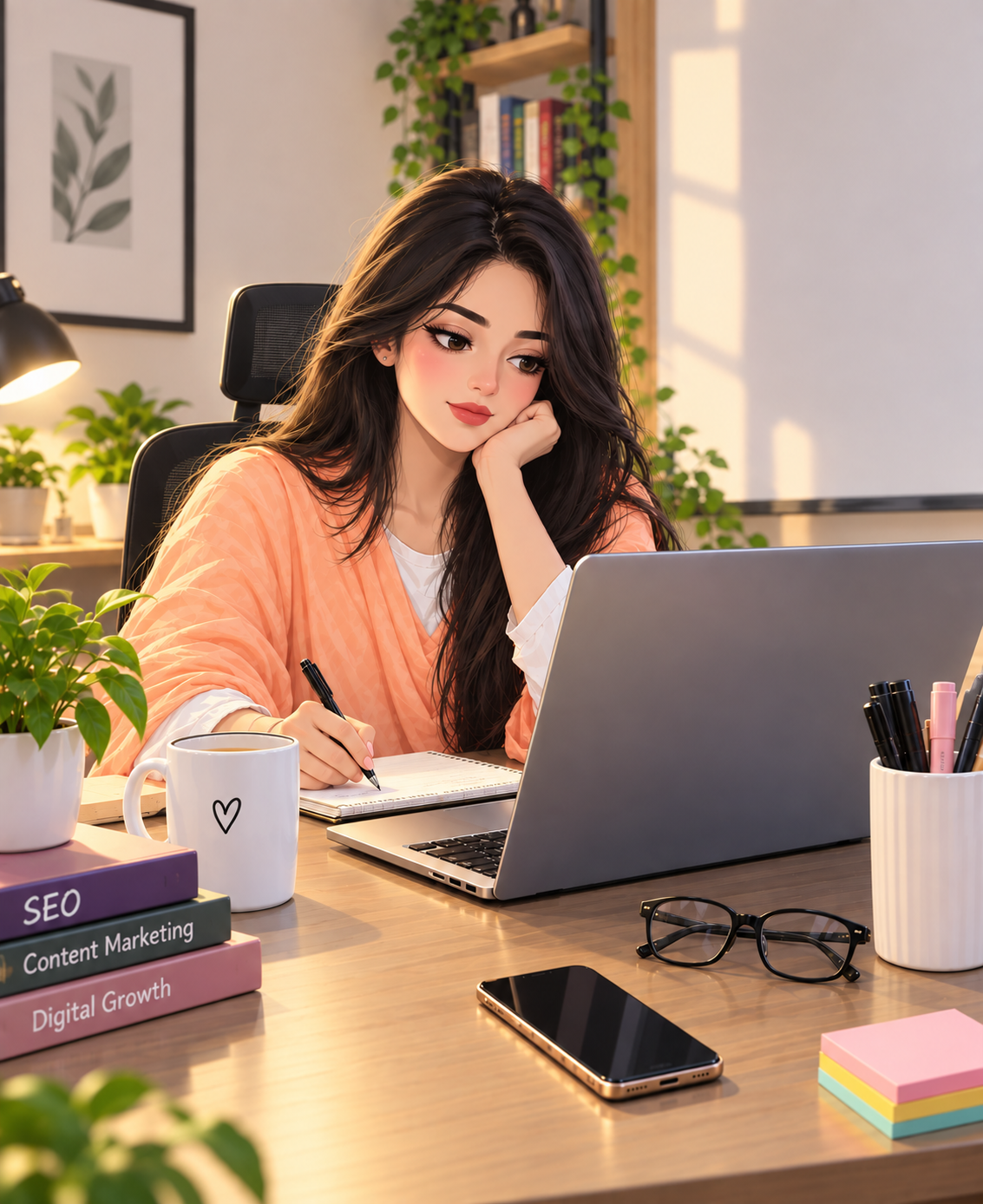 Professional SEO content strategist working at a warm, cozy desk with SEO and marketing books