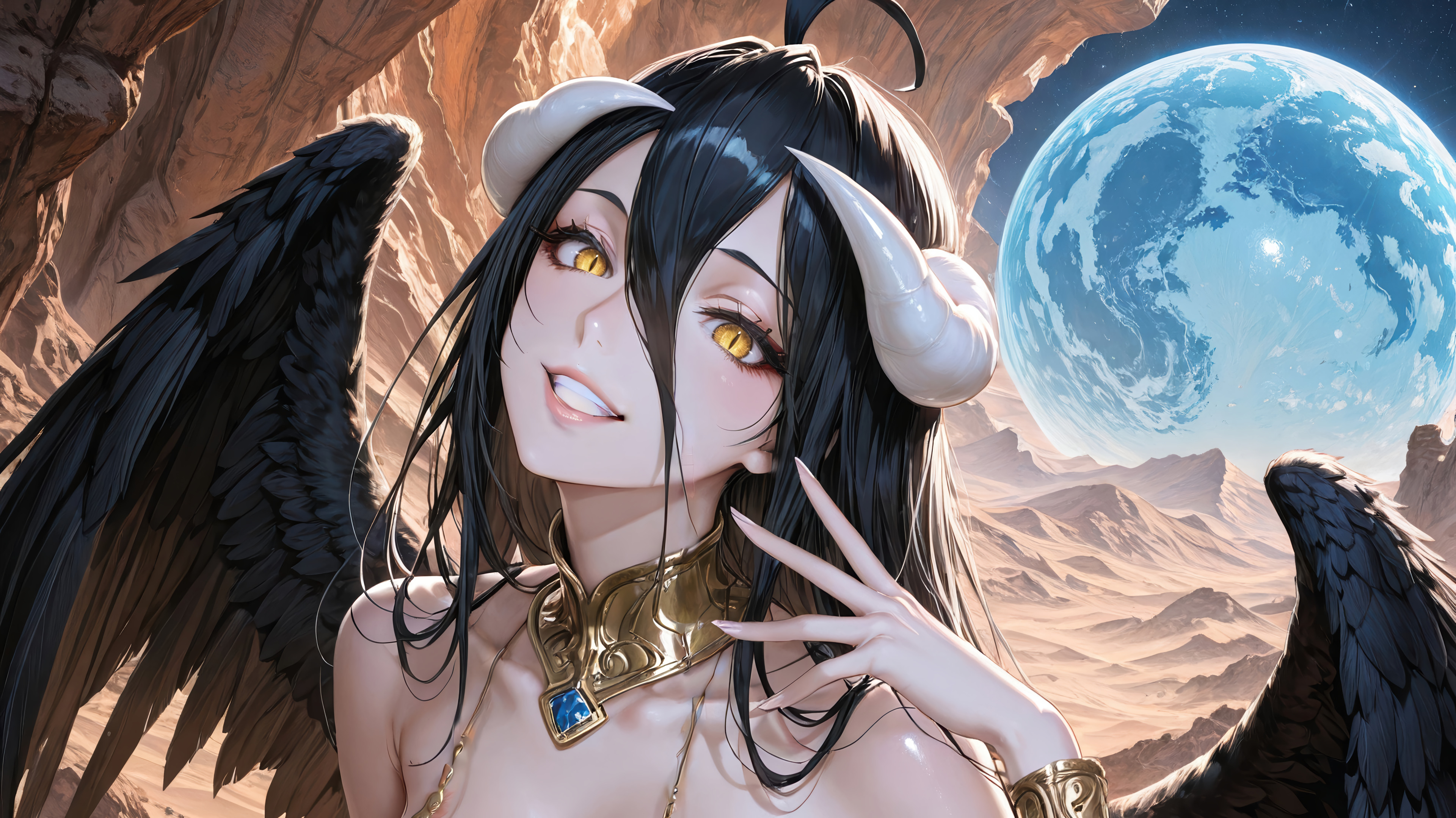Black Hair Horns Wings Desert Planet Anime